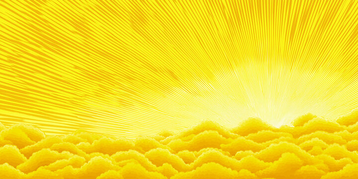 Vibrant yellow illustration depicts radiant sunburst over fluffy clouds, creating warm and energetic atmosphere. seamless pattern features bright yellow hues and dynamic lines