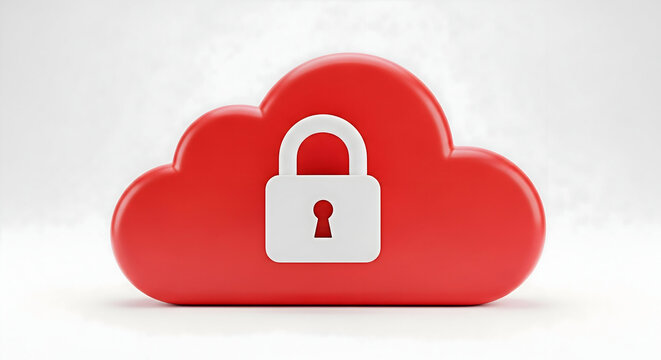 Red cloud with a white padlock representing secure cloud computing and data protection for online services and digital security solutions in a modern technology environment for business - Powered by Adobe