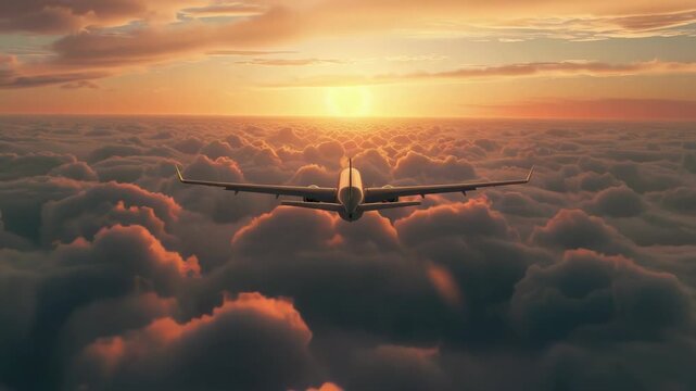 An airplane ascending into a cloudy sky at sunset with dramatic lighting effects.