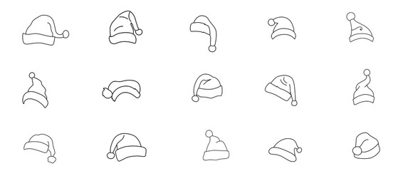 set of outline santa hats on white background