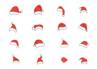 set of vector red santa hats on white background