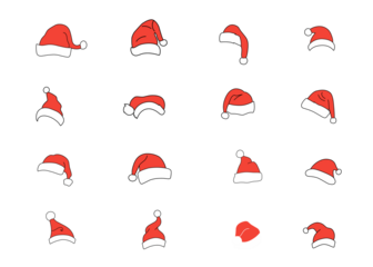 set of vector red santa hats on white background
