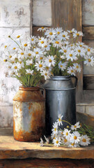 Rustic daisies in old metal jugs and vases create charming, vintage scene with touch of nostalgia. weathered textures and soft flowers evoke peaceful, timeless beauty