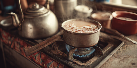 Steaming pot of chai boils on gas stove, surrounded by rustic kitchen setting. scene captures warmth and aroma of freshly brewed tea, evoking sense of comfort