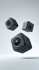 Three small black cameras with lenses are floating in air against light background, showcasing modern technology and design