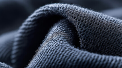 Close up of textured blue fabric, showcasing its intricate weave and soft fibers, ideal for custom uniforms. fabric appears to be blend, possibly TC or CVC, with cozy feel