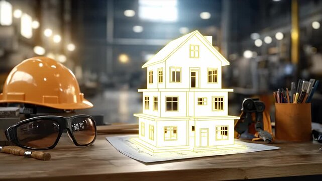 Model house emerging from blueprints showcasing building concept development in a workshop setting with architectural tools and safety gear.