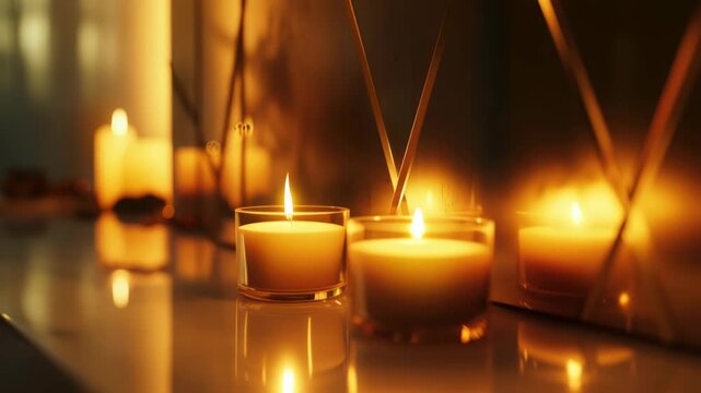 Set of illuminated white tea lights arranged on a dark surface