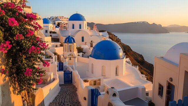 A bright Mediterranean village with whitewashed buildings, blue domes, vibrant flowers, and sea views, showcasing the iconic charm of Santorini.
