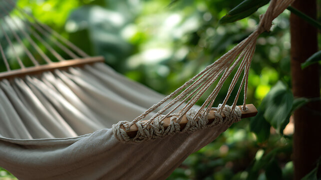 Close-up detail of a white cotton hammock hanging in a lush green garden inviting relaxation and leisure. - Powered by Adobe