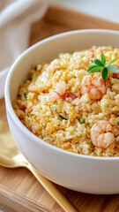 Delicious bowl of shrimp fried rice garnished with fresh herbs, served white ceramic bowl wooden tray. dish features golden brown rice with visible shrimp and vegetables, creating appetizing