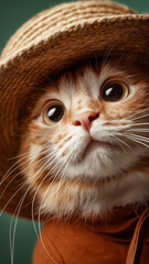 Cute cat wearing straw hat looks curiously at camera, its big eyes full of wonder. warm tones of cat fur and hat create cozy and charming atmosphere