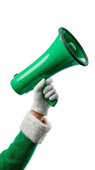 Hand in green sleeve with white fur trim holds green megaphone against white background, conveying festive and cheerful message