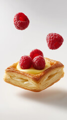 Square Danish pastry with flaky, buttery texture is topped with creamy custard and fresh raspberries, creating delightful and appetizing treat
