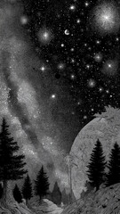 Black and white drawing depicts starry universe with cosmic landscape, featuring trees and celestial body. intricate details evoke sense of wonder and exploration