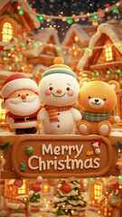 Festive Christmas card featuring Santa Claus, cheerful snowman, and cute teddy bear in snowy village with twinkling lights. Merry Christmas sign adds warmth