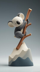 Cute contemporary art figurine of koala clinging to stylized wooden branch atop mountain base, showcasing playful and whimsical design