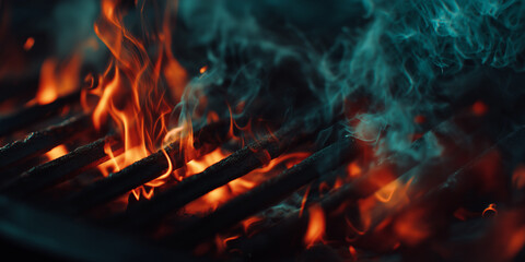 Dramatic close up of grill with vibrant flames and smoke creates captivating and intense atmosphere. fiery scene evokes sense of warmth and energy