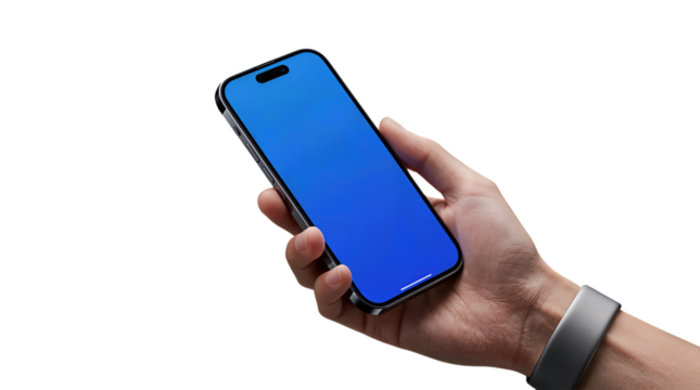 Hand Holding Modern Blue Smartphone with Blank Screen