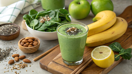 Green smoothie with fresh ingredient display