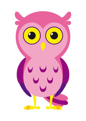 A pink and purple owl with yellow eyes on a white background
