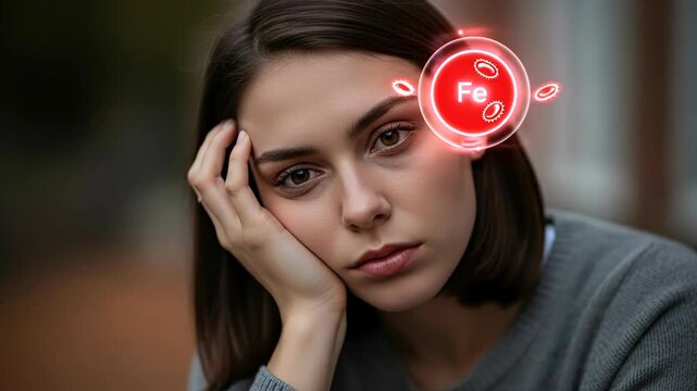 Young adult female displaying fatigue from severe iron deficiency anemia. Medical concept highlights low hemoglobin, poor red blood cell count, indicating body weakness.