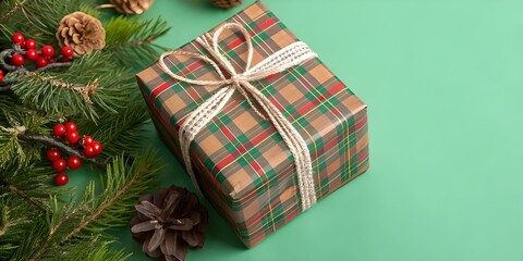 Christmas gift box with plaid wrapping and pine decoration on the left, vibrant green background, empty space on right side, simple festive setup.