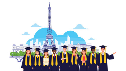 Obraz premium Celebrating graduation in Paris with diverse group of students achieving academic success and bright future ahead near the Eiffel Tower