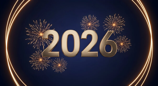 Golden 2026 number with celebratory fireworks and glowing light trails