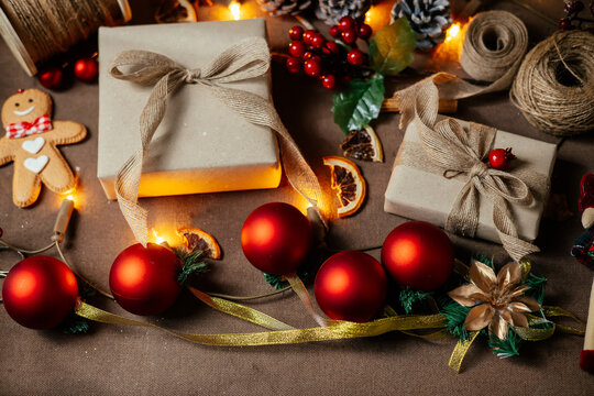 Banner flat lay. Preparation for a holiday season. Boxing Day concept. - Powered by Adobe