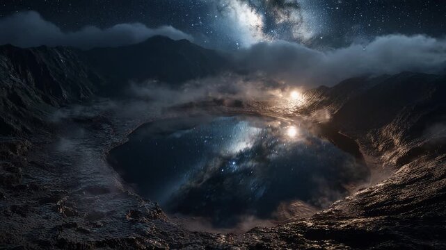 Ethereal silence surrounds steaming vent in moonlit landscape