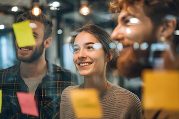 Three colleagues collaborate and brainstorm ideas in an office using colorful sticky notes on a glass wall.