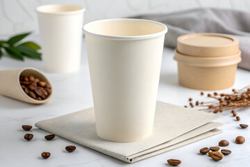 Tall Unbranded White Paper Coffee Cup on Napkin with Beans and Eco Packaging