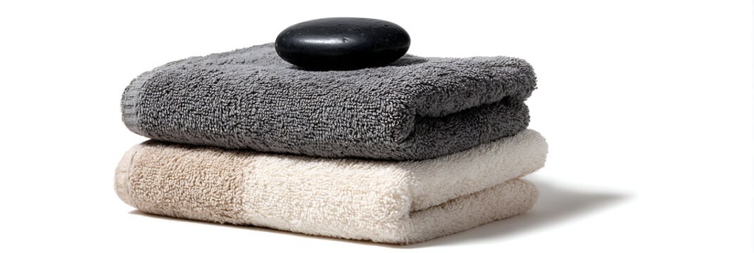 Neatly folded stack of grey and beige terry cloth towels topped with a smooth black massage stone isolated on white.