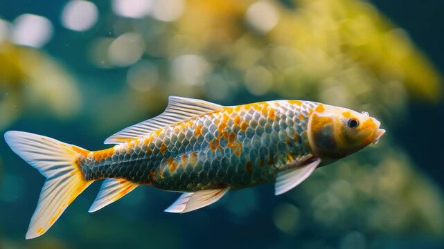 A gold and white fish is swimming in a body of water. The fish is in the middle of the water and is surrounded by bubbles