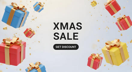 Christmas holiday sale promotion with colorful gift boxes and flying confetti