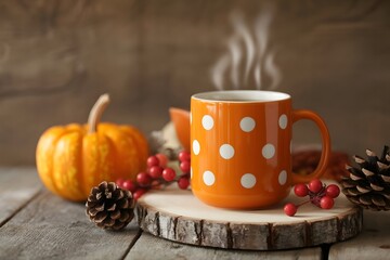 Cozy hot drink in an orange polka dot mug with autumn decor.