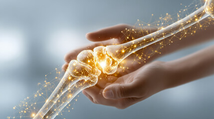 Human hand gently holding a glowing digital representation of a knee joint with connected particles symbolizing advanced medical technology and bone health care