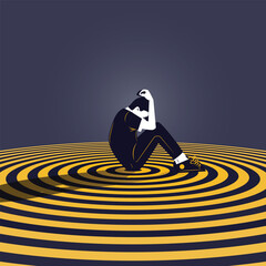 A vector illustration of a man sitting alone in the center of concentric circular patterns, symbolizing stress, anxiety, confusion, or emotional overwhelm