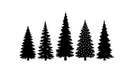Obraz premium Set of diverse conifer tree silhouettes, including a decorated christmas tree