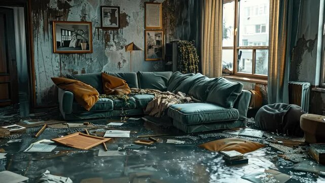 Interior dwelling scene of utter devastation, aftermath of a widespread calamity, severe damage visible throughout, reflecting a true disaster with elements of a major mishap and widespread havoc.