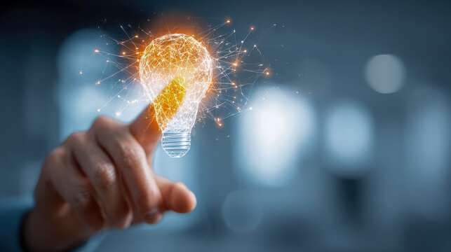 Person touching a digital light bulb hologram symbolizing innovation and bright ideas on a blurred background with futuristic network connections and glowing nodes - Powered by Adobe