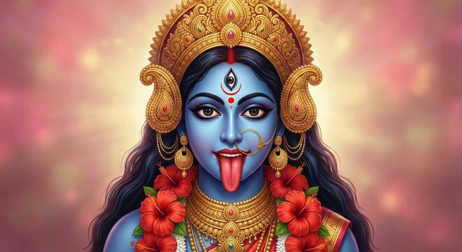 Blue skinned Hindu goddess Kali with third eye and tongue out image 1