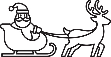 Line drawing of Santa Claus in a sleigh pulled by reindeer