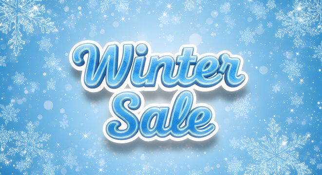 Winter sale advertisement with blue text and white snowflakes background - Powered by Adobe