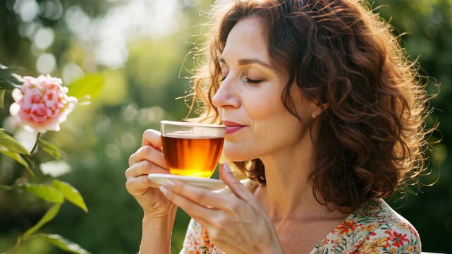 Woman enjoying tea outdoors amidst blossoming flowers in sunlit garden