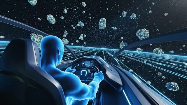 Futuristic blue humanoid driving a high-speed vehicle through a digital data tunnel with glowing particles.