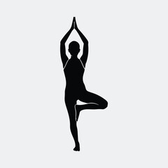 Silhouette woman performing tree pose yoga asana vector illustration