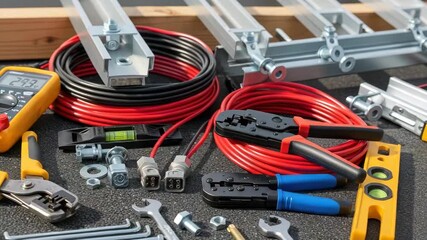 Closeup of solar panel installation tools and components arranged on a dark surface, ready for assembly