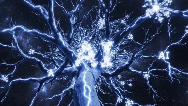 Gnarled tree with glowing blue lightning branches and snowflake-like AI nodes.